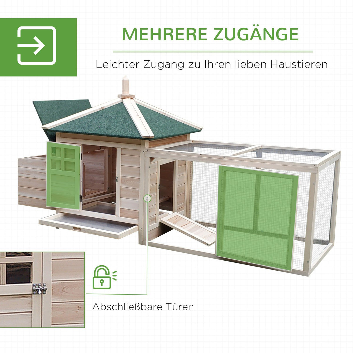 Bantam chicken coop with run and perches, winterproof chicken house made of pine wood, nesting box for quails, 196 x 76 x 97 cm