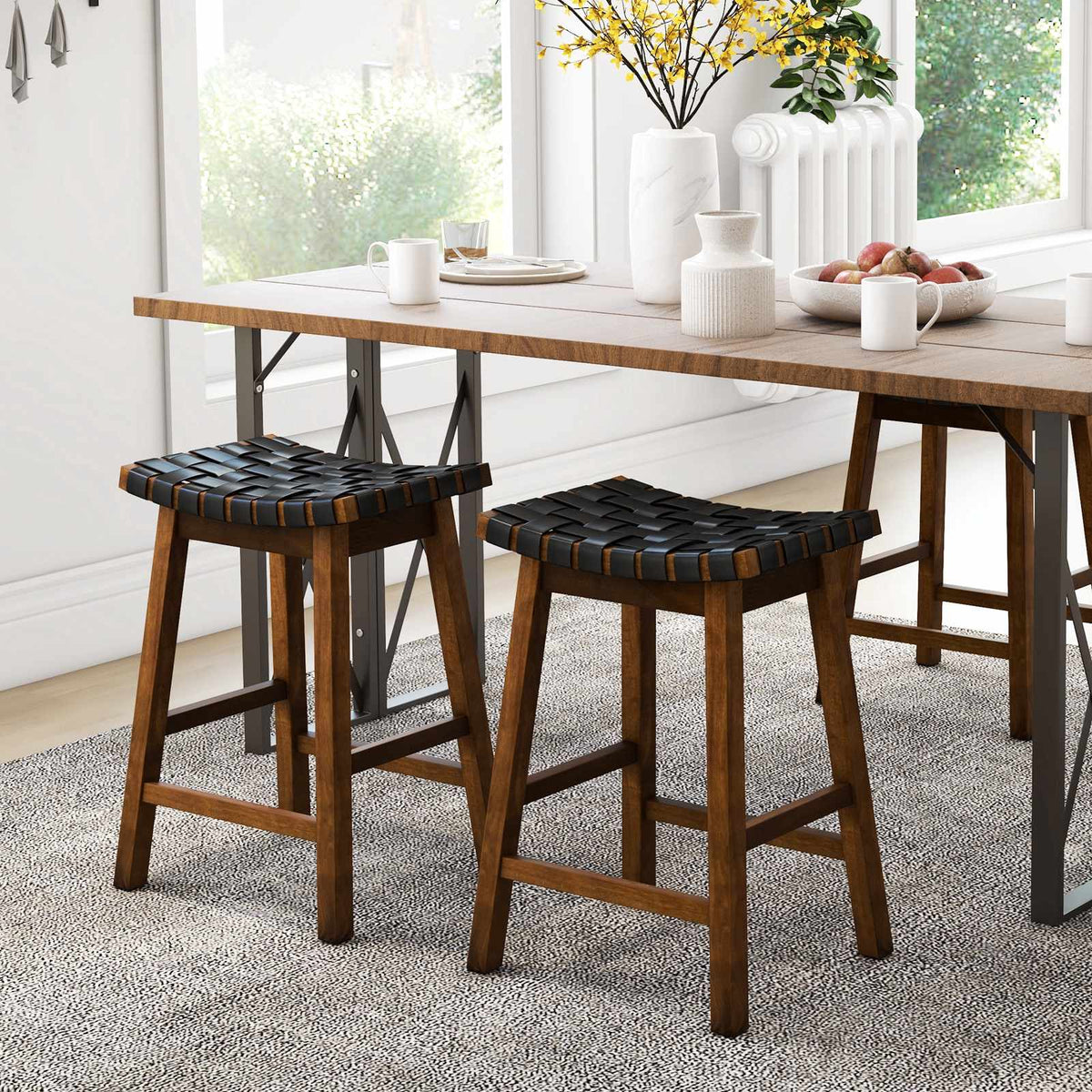 Bar Height Stools Set of 2, Woven PU Leather, 25-Inch