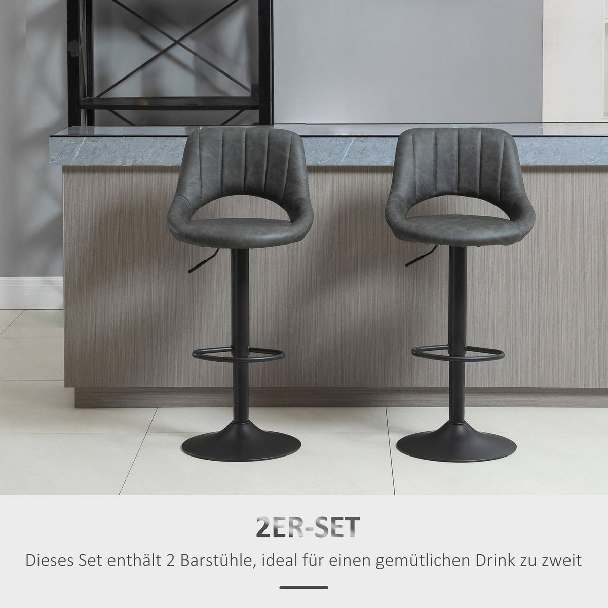 Bar Stool Set 2 Stools Kitchen Stool Leather Look Swivel Height Adjustable with Footrest Metal Frame 44 x 49 x 90-110 cm Gray