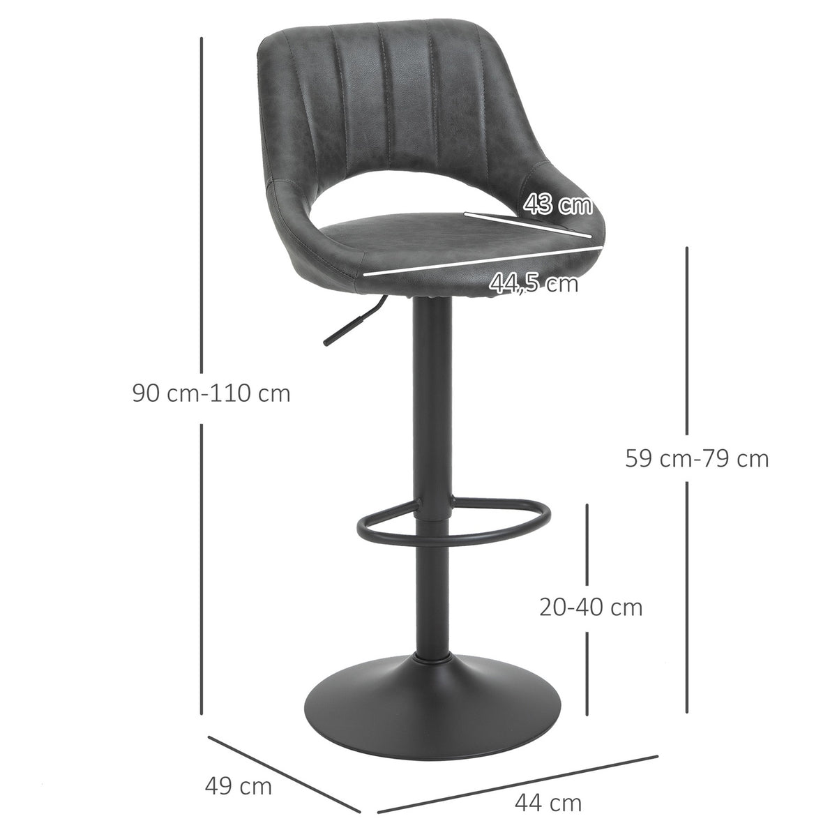 Bar Stool Set 2 Stools Kitchen Stool Leather Look Swivel Height Adjustable with Footrest Metal Frame 44 x 49 x 90-110 cm Gray