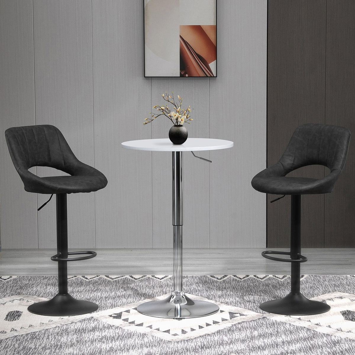 Bar Stool Set 2 Stools Kitchen Stool Leather Look Swivel Height Adjustable with Footrest Metal Frame 44 x 49 x 90-110 cm Gray