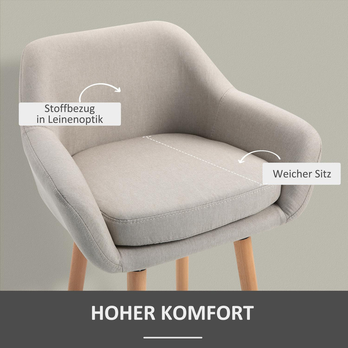 Bar Stool Set of 2 Comfortable Linen Bar Chair with Seat Cushion, Kitchen Stool, Bistro Stool with Footrests, Beech Wood Legs, Beige