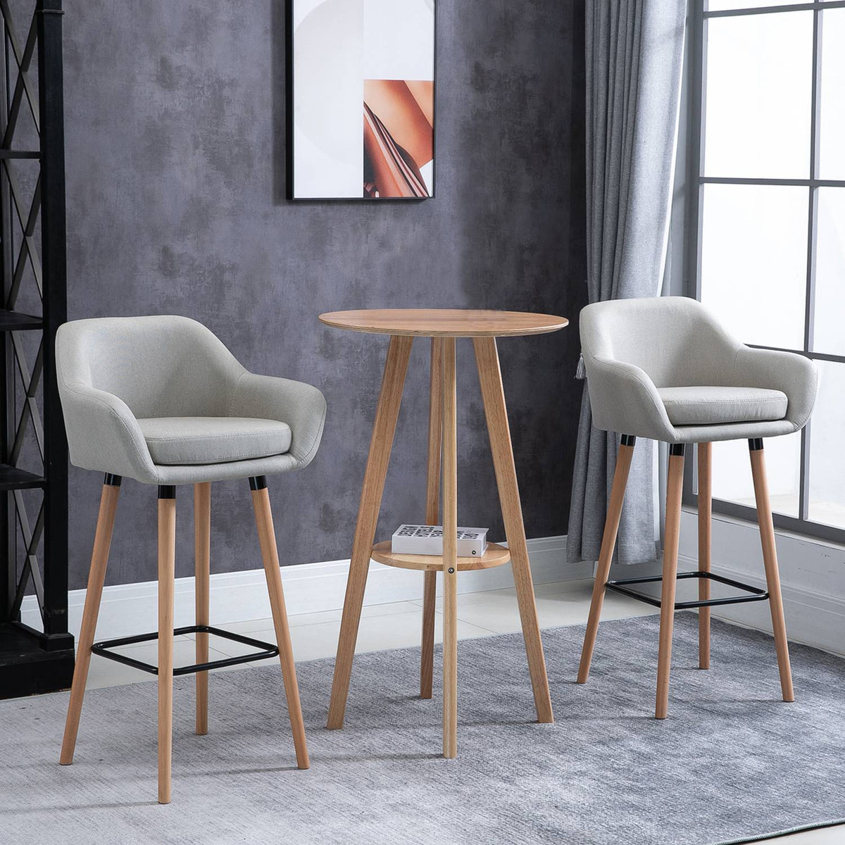 Bar Stool Set of 2 Comfortable Linen Bar Chair with Seat Cushion, Kitchen Stool, Bistro Stool with Footrests, Beech Wood Legs, Beige