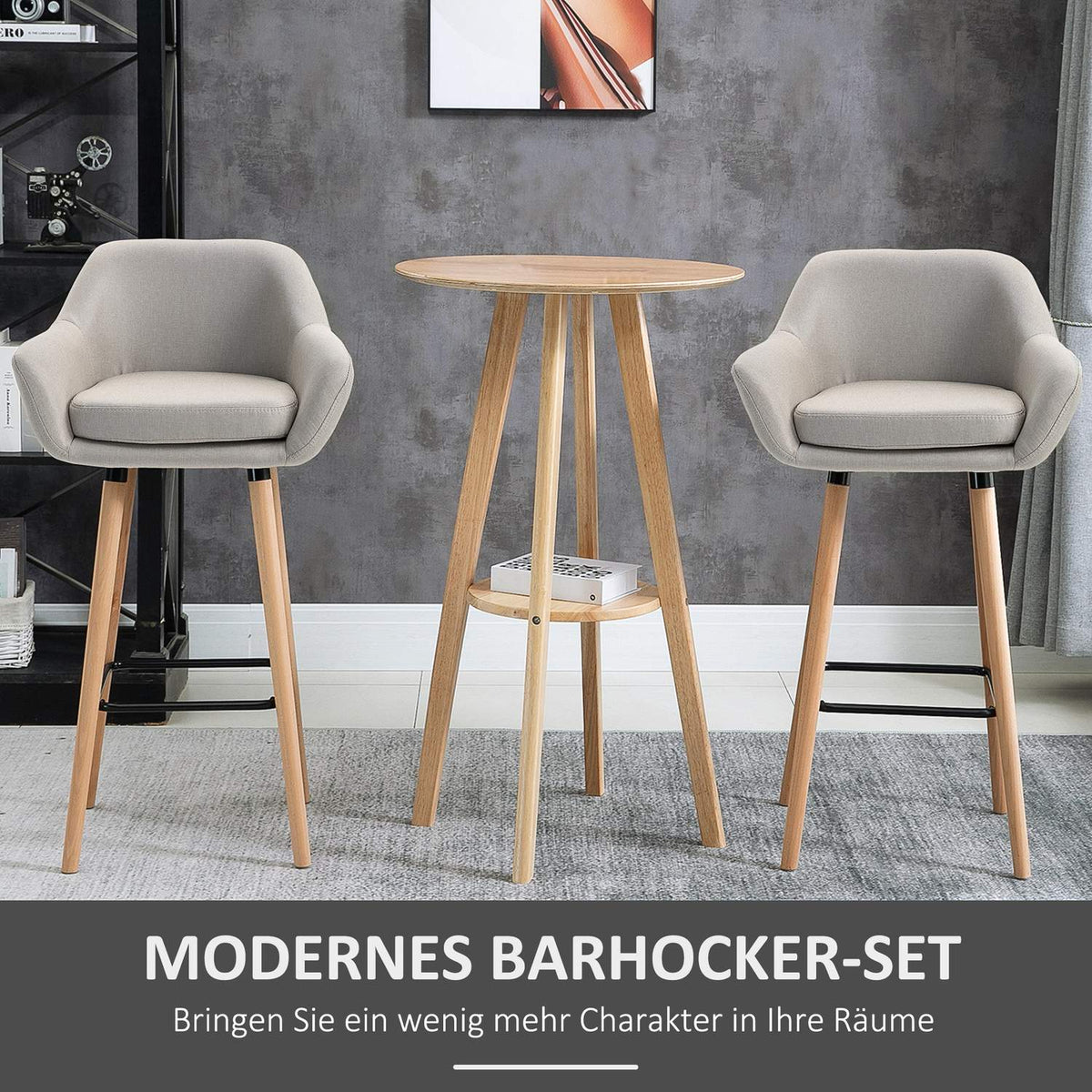 Bar Stool Set of 2 Comfortable Linen Bar Chair with Seat Cushion, Kitchen Stool, Bistro Stool with Footrests, Beech Wood Legs, Beige
