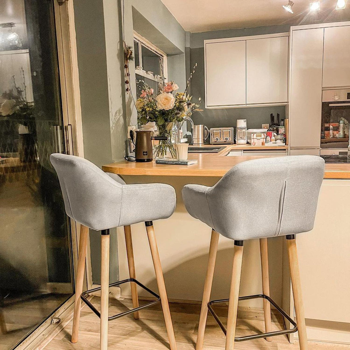 Bar Stool Set of 2 Comfortable Linen Bar Chair with Seat Cushion, Kitchen Stool, Bistro Stool with Footrests, Beech Wood Legs, Beige