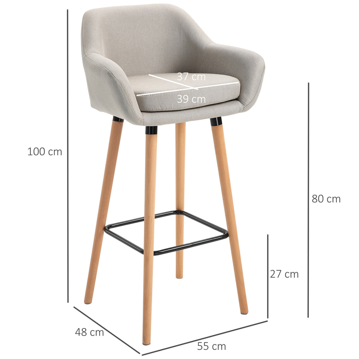 Bar Stool Set of 2 Comfortable Linen Bar Chair with Seat Cushion, Kitchen Stool, Bistro Stool with Footrests, Beech Wood Legs, Beige
