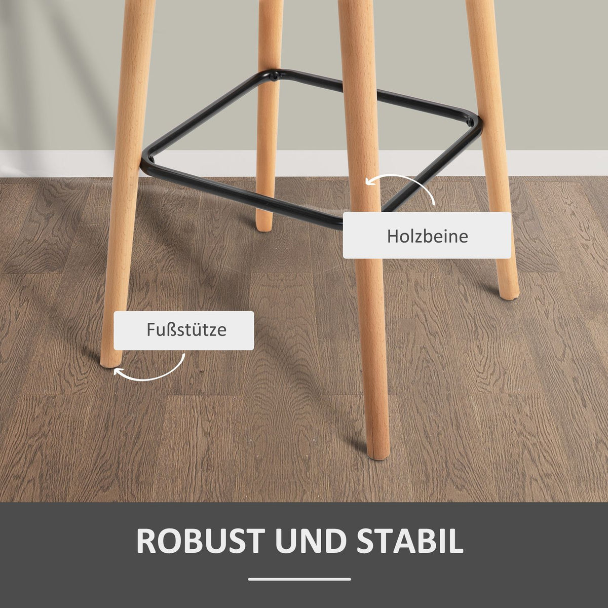 Bar Stool Set of 2 Comfortable Linen Bar Chair with Seat Cushion, Kitchen Stool, Bistro Stool with Footrests, Beech Wood Legs, Beige