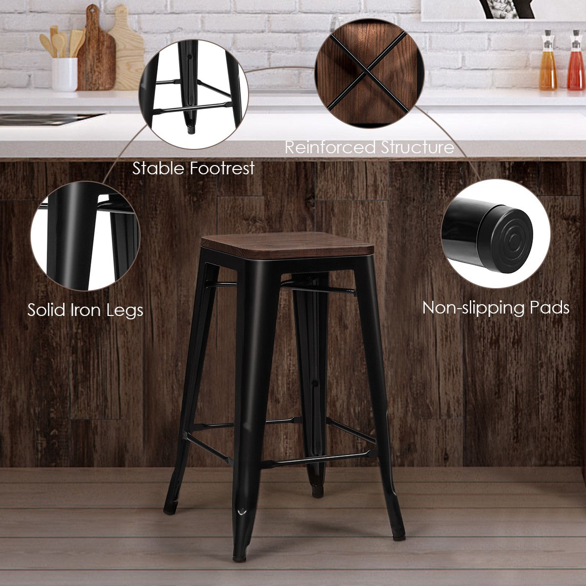Bar Stool Set of 4, Elm Wood Seat, Iron Legs, 66 cm