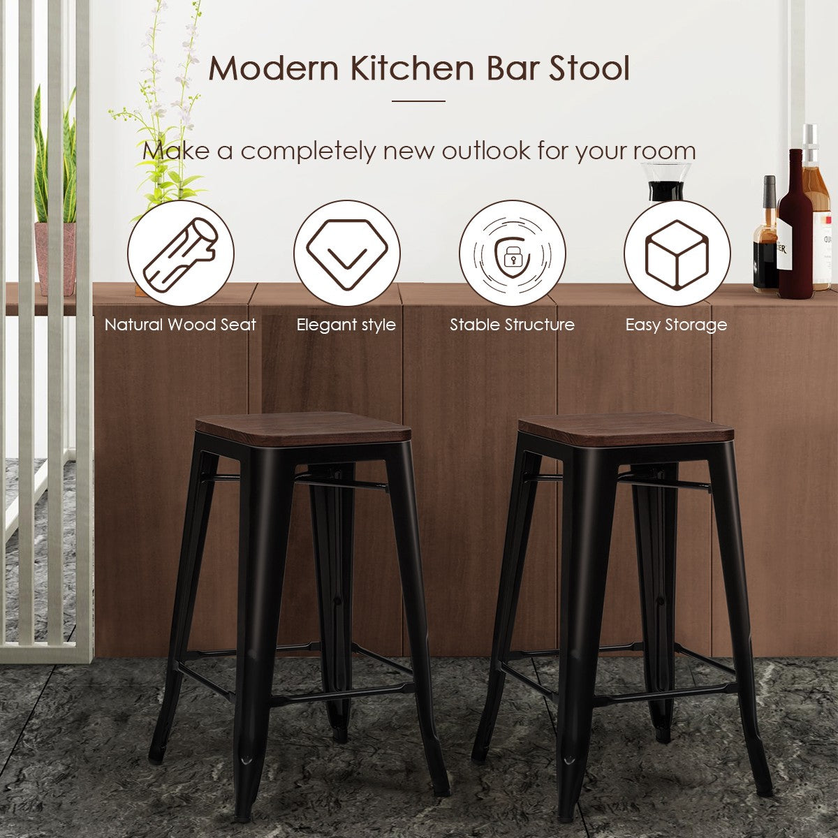 Bar Stool Set of 4, Elm Wood Seat, Iron Legs, 66 cm