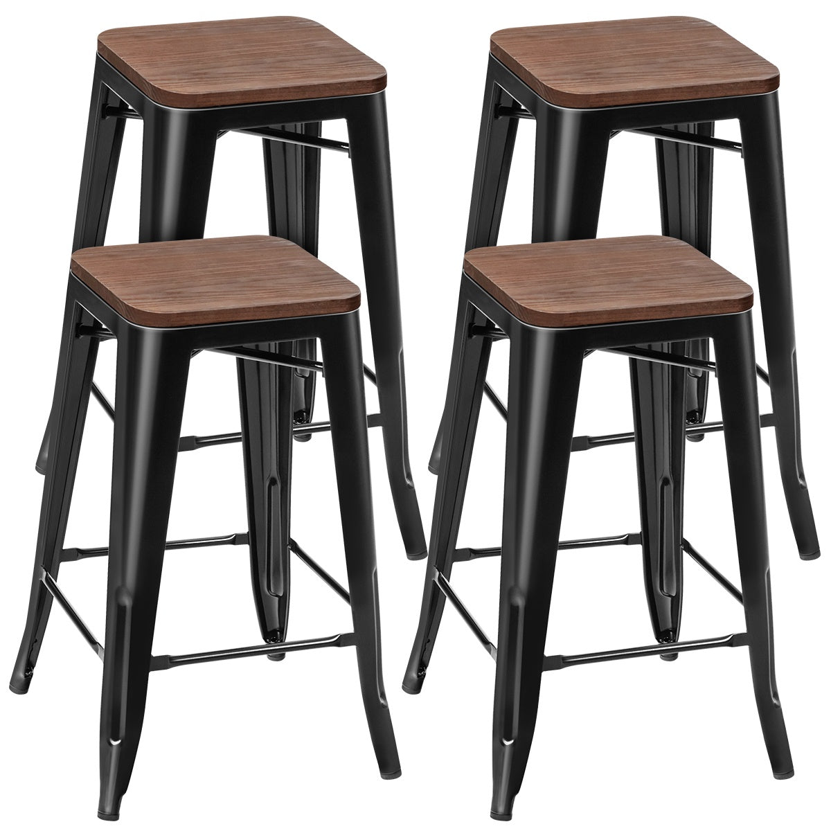 Bar Stool Set of 4, Elm Wood Seat, Iron Legs, 66 cm