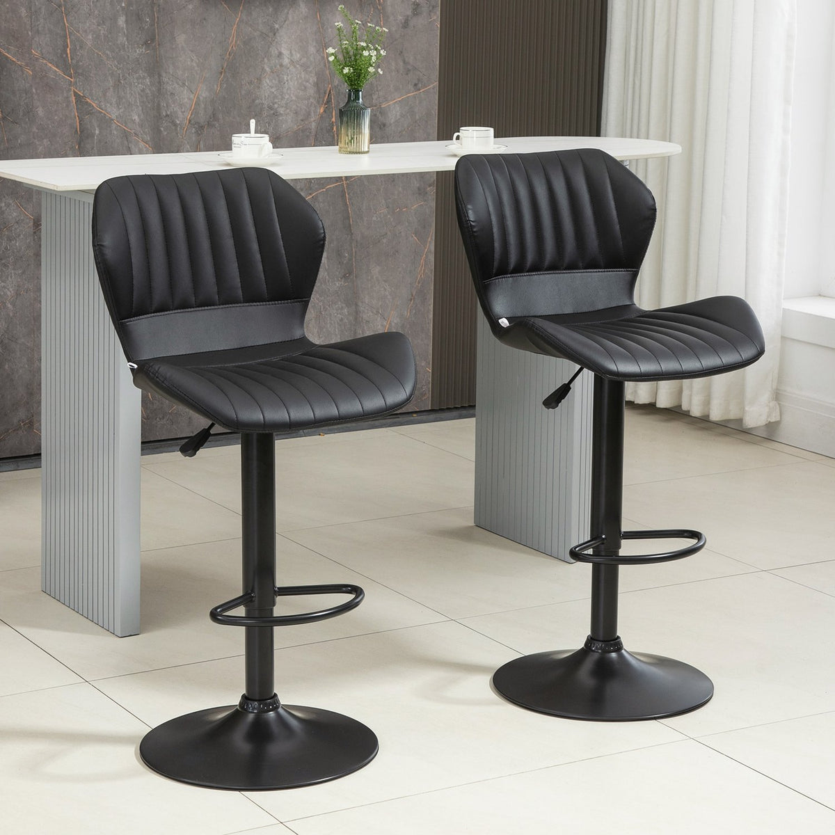 Bar Stools Height Adjustable Set Of 2 Swivel Chairs Bar Chairs 360° Rotatable With Backrest Faux Leather 48.5X55.5X90-110 M