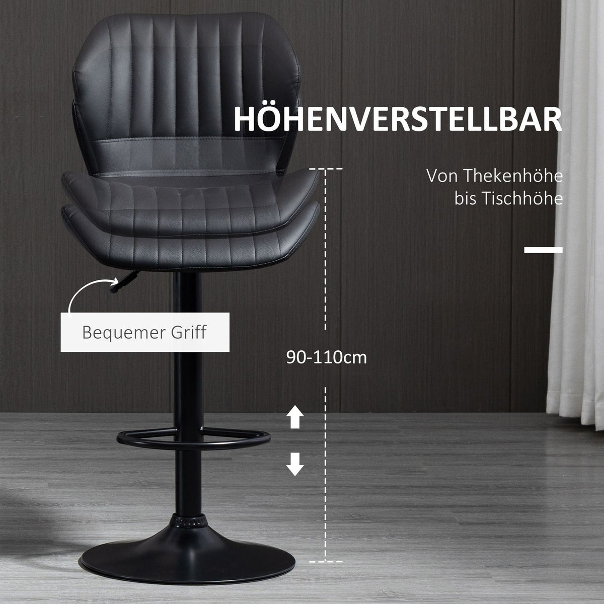 Bar Stools Height Adjustable Set Of 2 Swivel Chairs Bar Chairs 360° Rotatable With Backrest Faux Leather 48.5X55.5X90-110 M