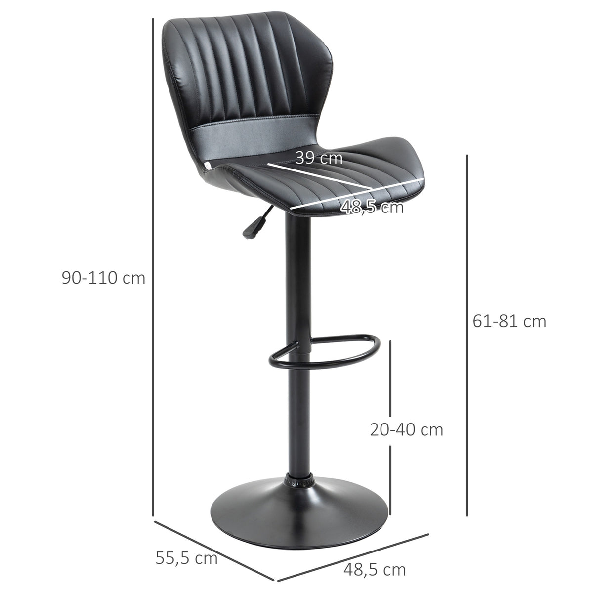 Bar Stools Height Adjustable Set Of 2 Swivel Chairs Bar Chairs 360° Rotatable With Backrest Faux Leather 48.5X55.5X90-110 M