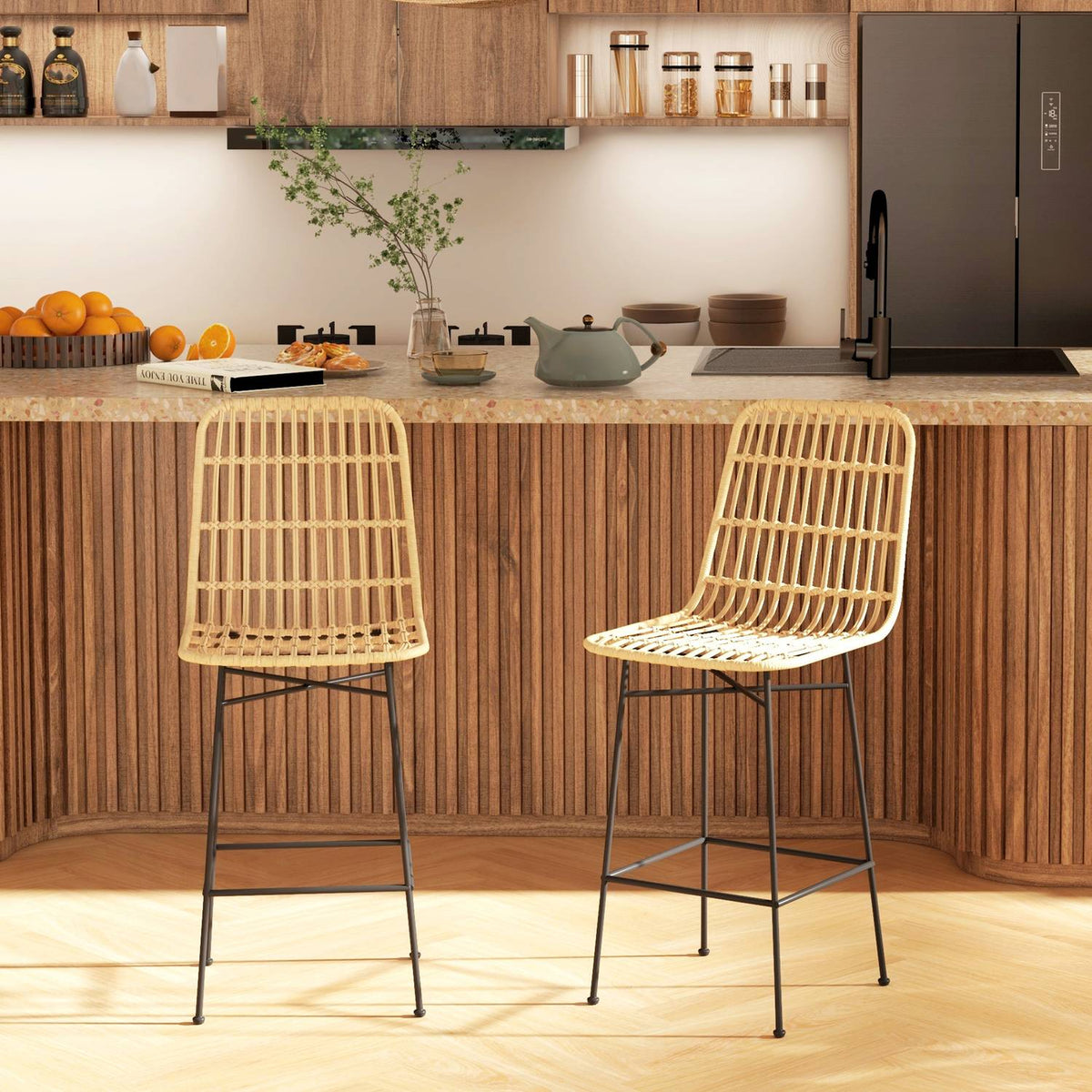 Bar Stools Set Of 2 Bar Chair Counter Stool Backrest Pe Rattan Boho Design Kitchen Stools Steel Yellow