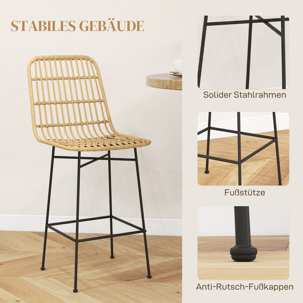 Bar Stools Set Of 2 Bar Chair Counter Stool Backrest Pe Rattan Boho Design Kitchen Stools Steel Yellow