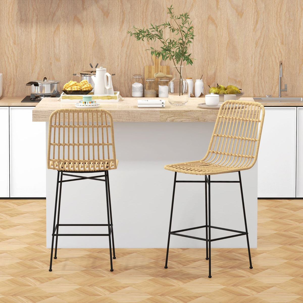 Bar Stools Set Of 2 Bar Chair Counter Stool Backrest Pe Rattan Boho Design Kitchen Stools Steel Yellow