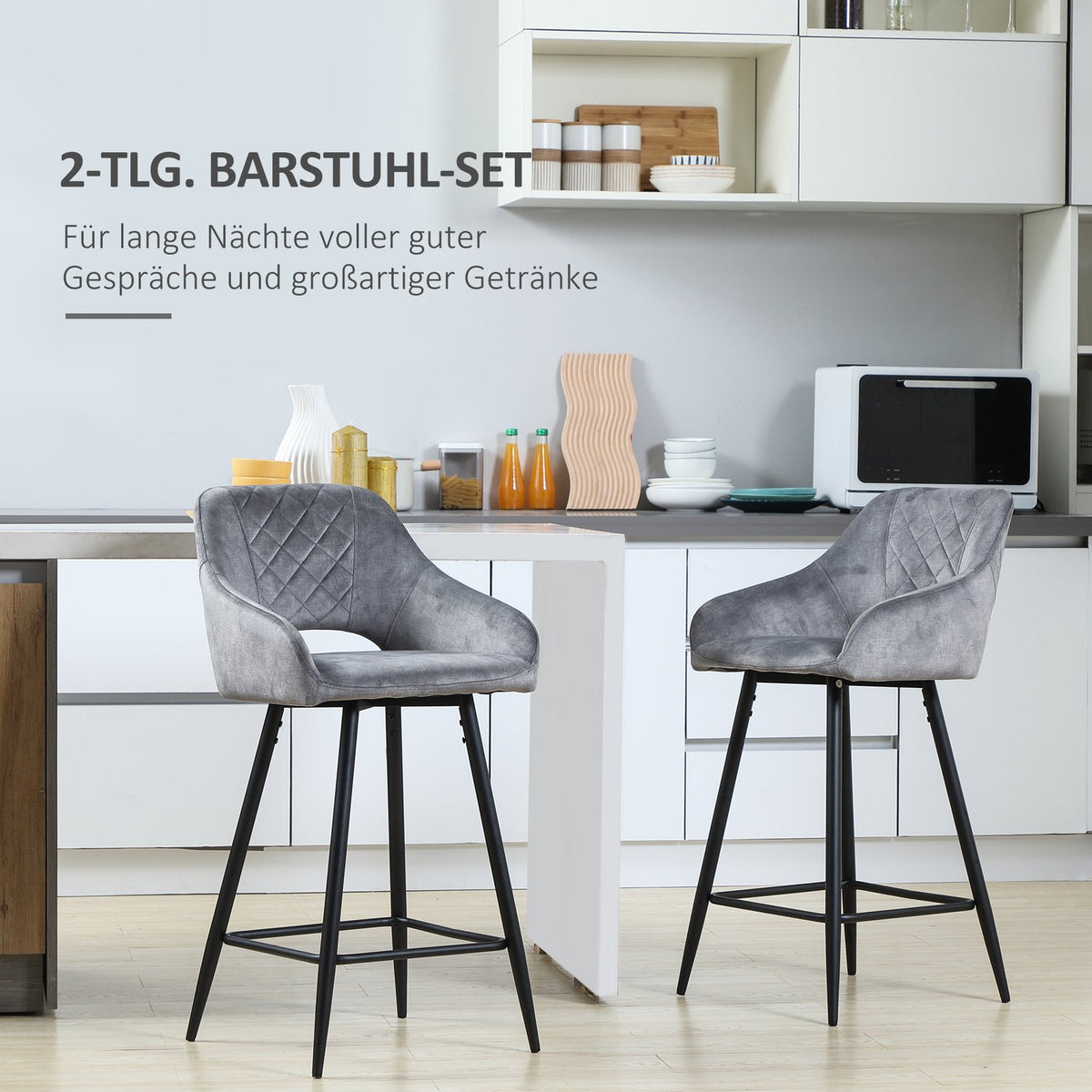 Bar Stools Set Of 2 Bar Chairs Bistro Stools With Footrest Velvet Look Kitchen Chair Counter Stool Seat Cover For Kitchen Islands Steel Gray 50 X 53 X 94 Cm