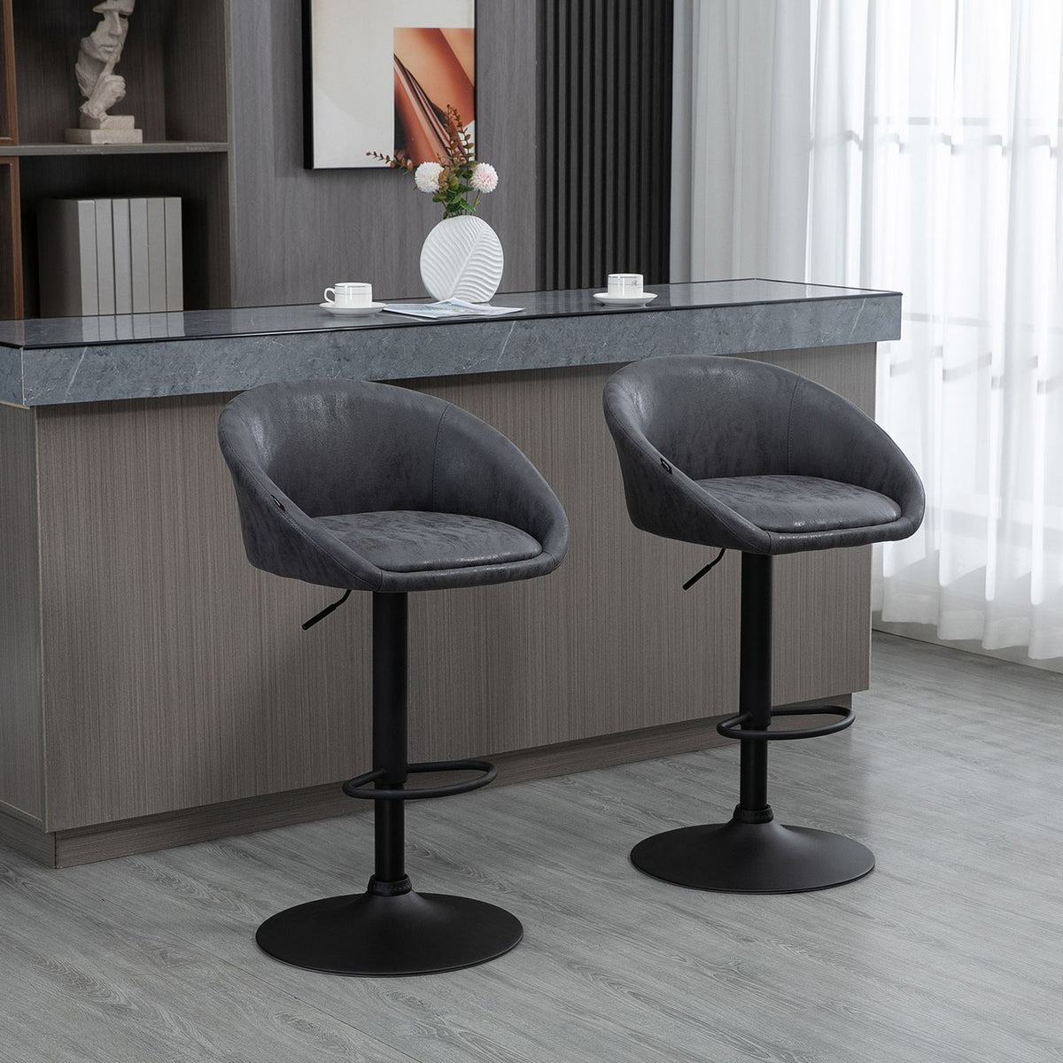 Bar Stools Set Of 2 Height-Adjustable Bar Chairs With Armrests, Back, Faux Leather Look, Footrest, Gray, 57X50X84-104Cm