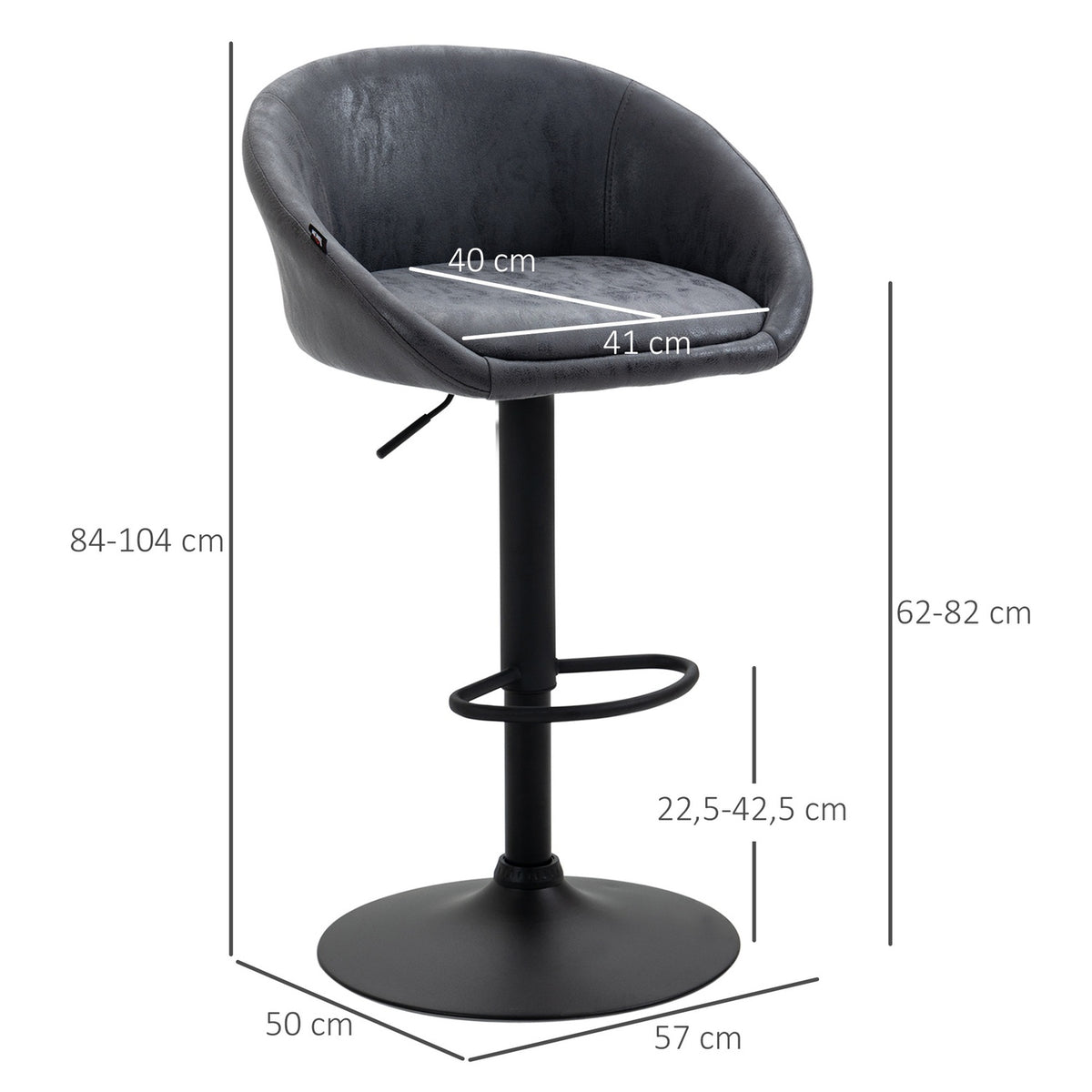 Bar Stools Set Of 2 Height-Adjustable Bar Chairs With Armrests, Back, Faux Leather Look, Footrest, Gray, 57X50X84-104Cm