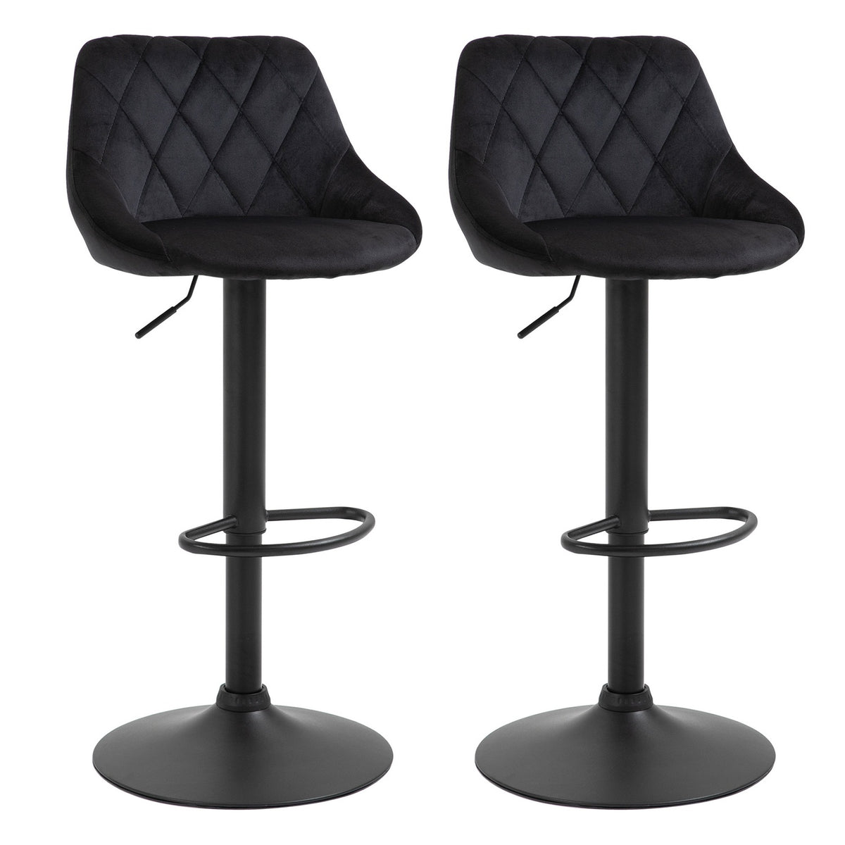Bar Stools Set Of 2 Height-Adjustable, Black, Bistro Stool, Footrest, Backrest, Velvet, Metal, 46X48X83-104Cm