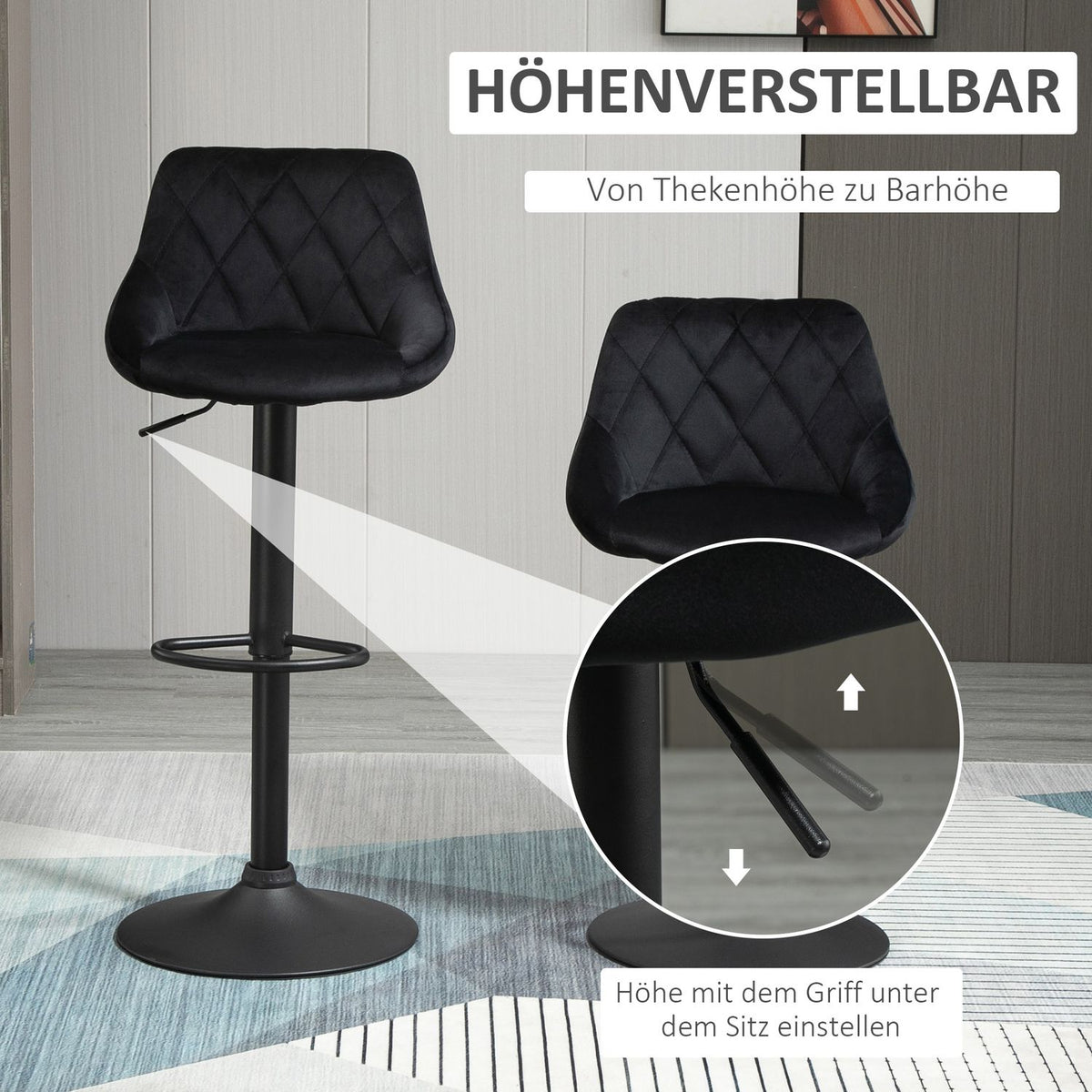 Bar Stools Set Of 2 Height-Adjustable, Black, Bistro Stool, Footrest, Backrest, Velvet, Metal, 46X48X83-104Cm