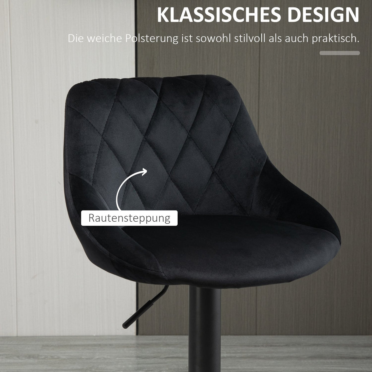 Bar Stools Set Of 2 Height-Adjustable, Black, Bistro Stool, Footrest, Backrest, Velvet, Metal, 46X48X83-104Cm