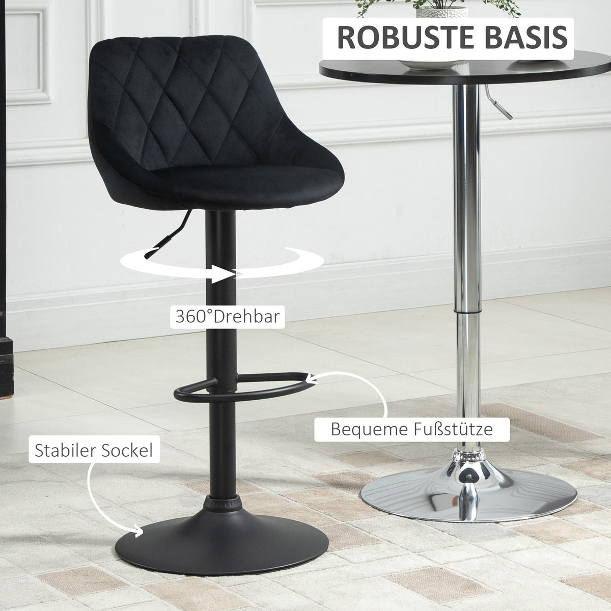 Bar Stools Set Of 2 Height-Adjustable, Black, Bistro Stool, Footrest, Backrest, Velvet, Metal, 46X48X83-104Cm