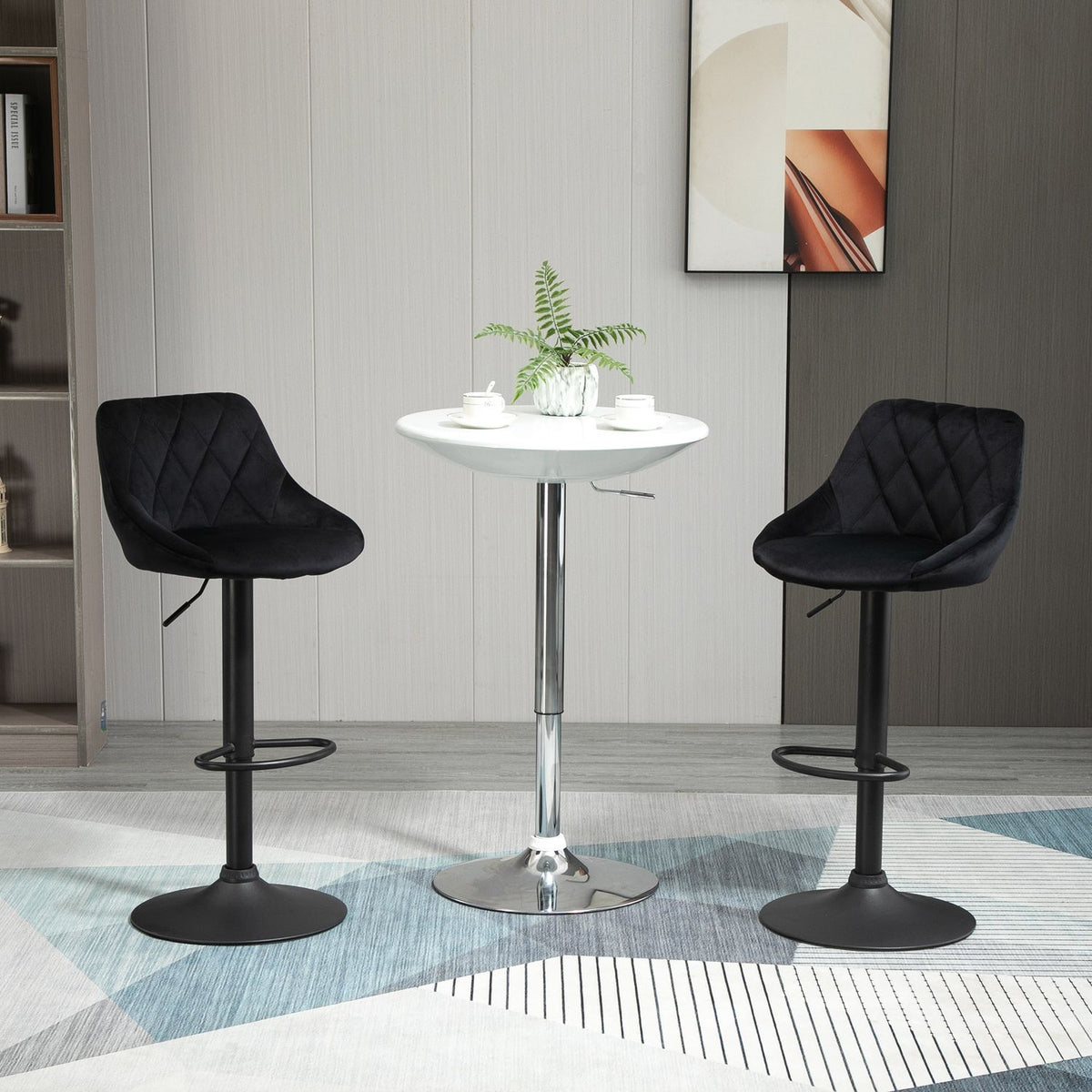 Bar Stools Set Of 2 Height-Adjustable, Black, Bistro Stool, Footrest, Backrest, Velvet, Metal, 46X48X83-104Cm
