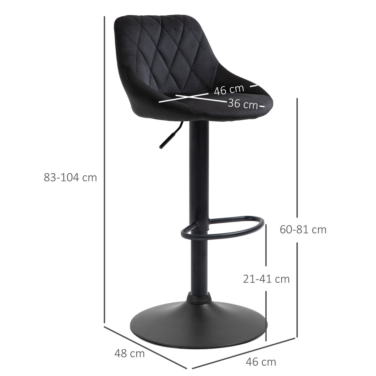 Bar Stools Set Of 2 Height-Adjustable, Black, Bistro Stool, Footrest, Backrest, Velvet, Metal, 46X48X83-104Cm