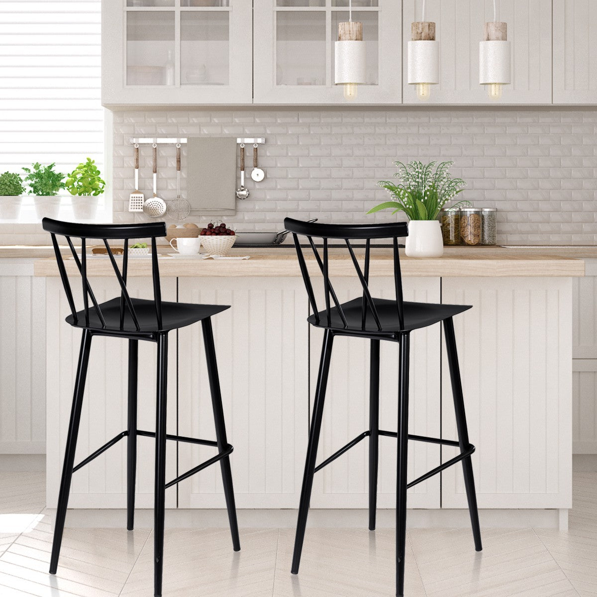 Bar Stools Set Of 2, Metal Backrest, 29.5-In Seat