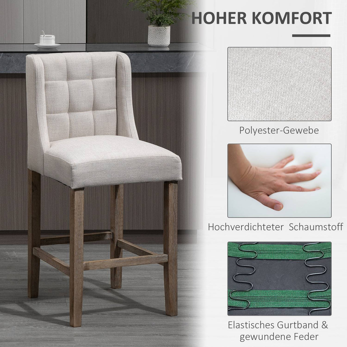 Bar Stools Set Of 2 Modern Kitchen Chairs Low Back Linen Touch Rubber Wood Beige 47X50X101Cm