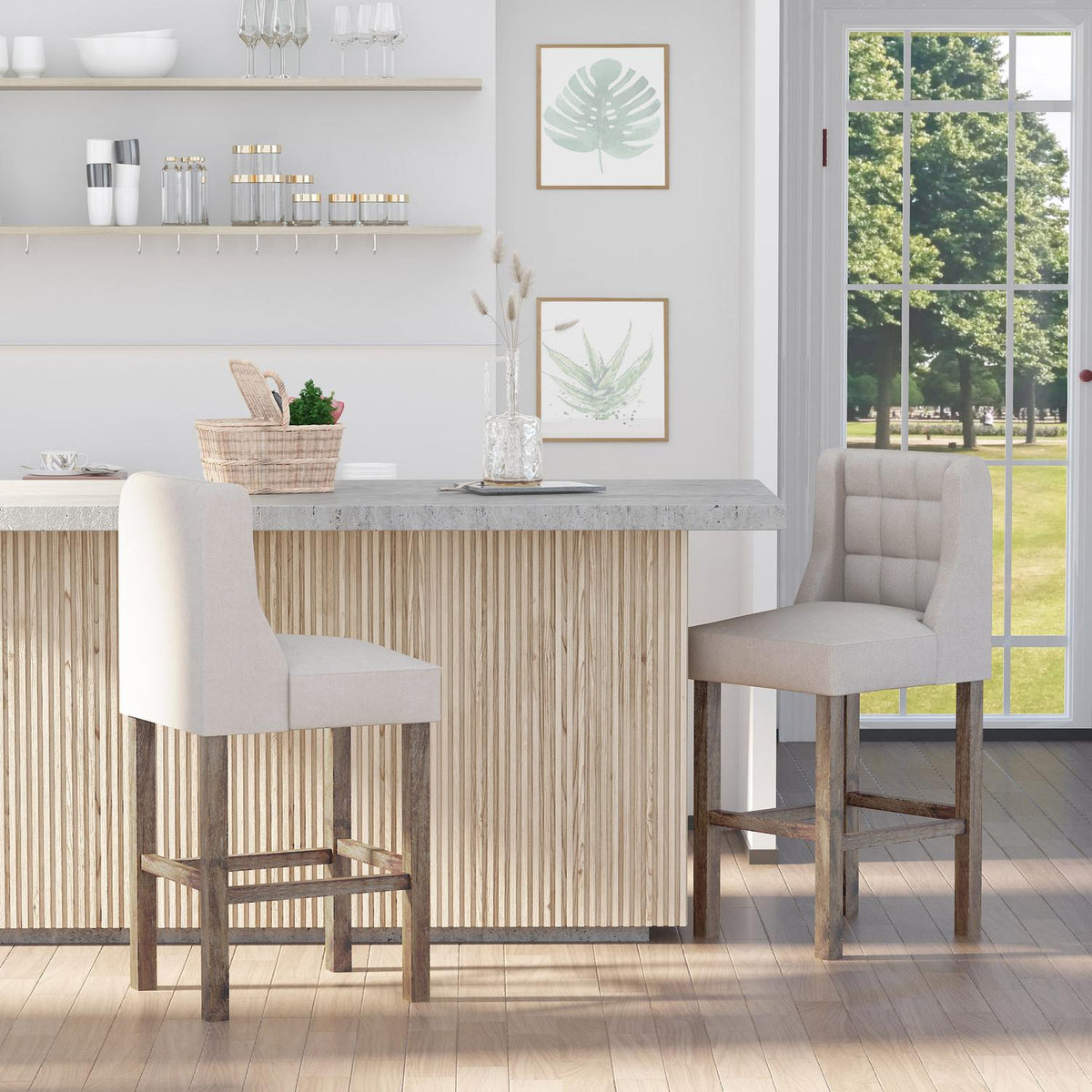 Bar Stools Set Of 2 Modern Kitchen Chairs Low Back Linen Touch Rubber Wood Beige 47X50X101Cm