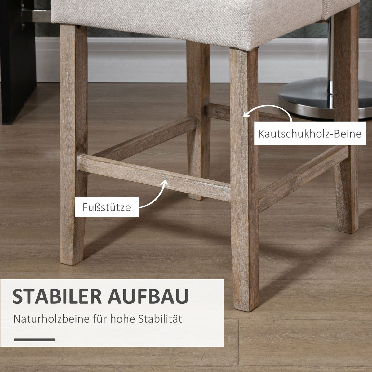 Bar Stools Set Of 2 Modern Kitchen Chairs Low Back Linen Touch Rubber Wood Beige 47X50X101Cm