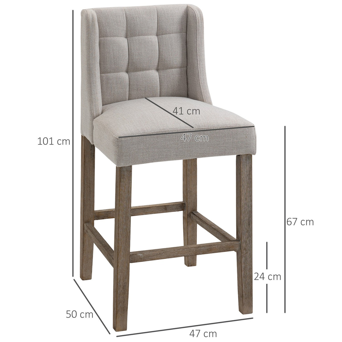 Bar Stools Set Of 2 Modern Kitchen Chairs Low Back Linen Touch Rubber Wood Beige 47X50X101Cm