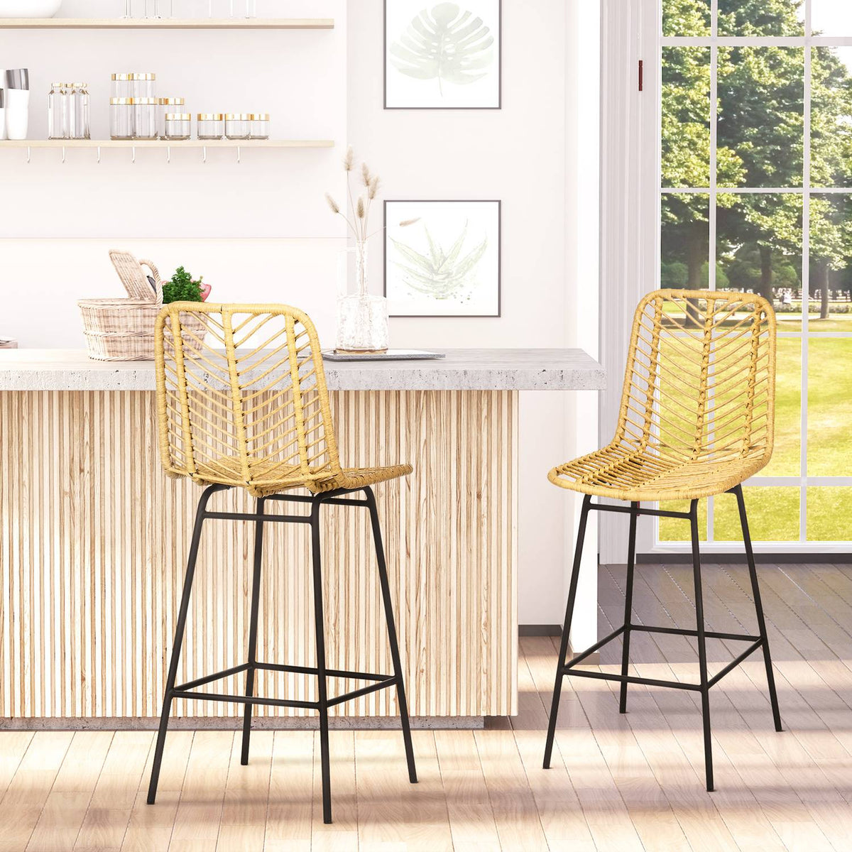 Bar Stools Set Of 2, Rat Look Bar Chairs, Counter Stools With Backrest, Boho Design Kitchen Stools, Counter Chairs, Kitchen, Steel, Yellow
