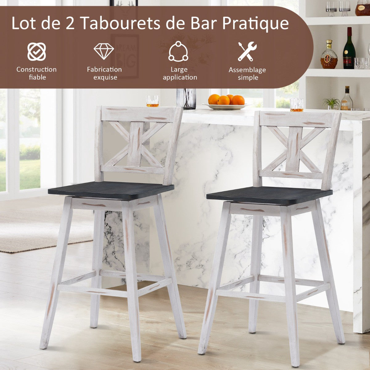 Bar Stools Set of 2, 360 Swivel, 29-Inch, White
