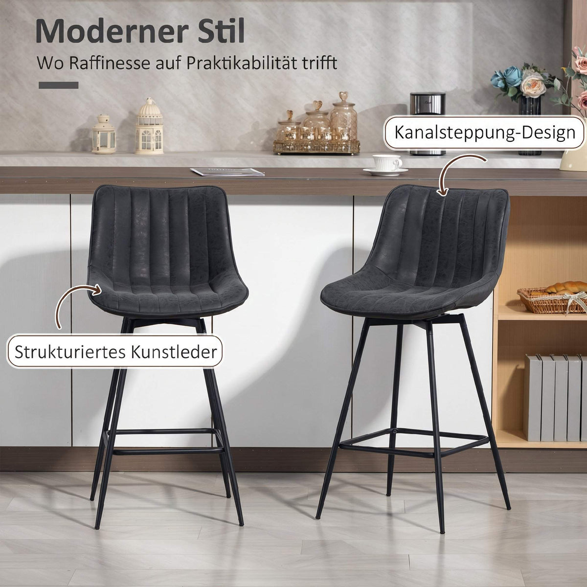 Bar Stools Set of 2, 68 cm, 360-Degree Swivel, Black, With Backrest