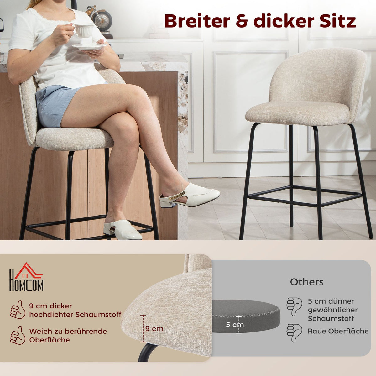 Bar Stools Set of 2, Backrest & Footrest, Beige