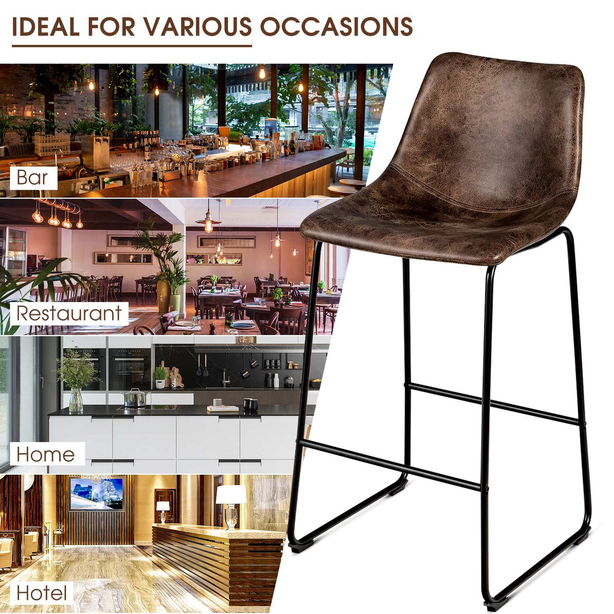 Bar Stools Set of 2, Faux Suede Upholstered, Metal Legs