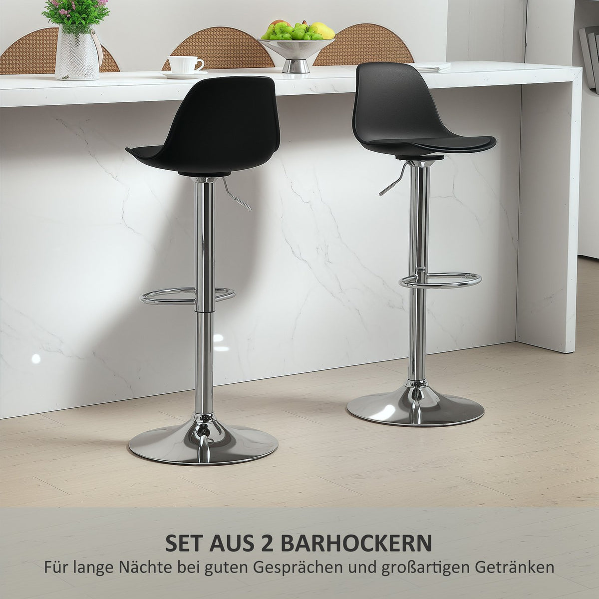 Bar Stools Set of 2, Padded Bar Chairs with Steel Frame, Backrest, Height-Adjustable Kitchen Chairs with Footrest, 360° Rotatable Counter Stool for Kitchen, Living Room, Dining Room, Faux Leather Black