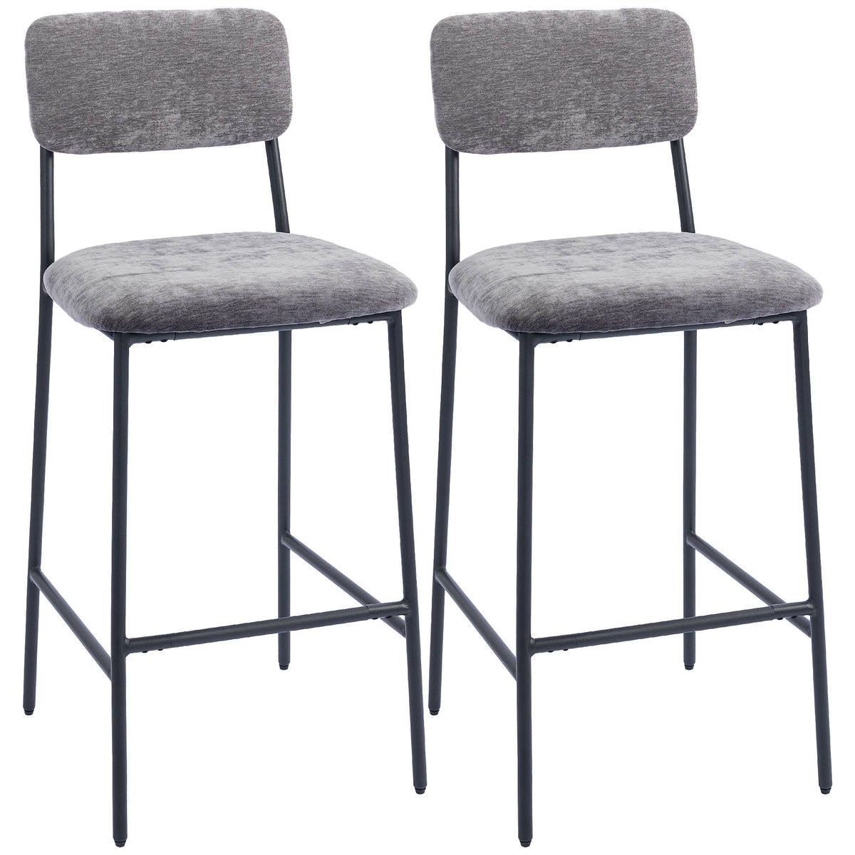Bar Stools Set of 2, Padded, High Back, Grey Fabric, Steel