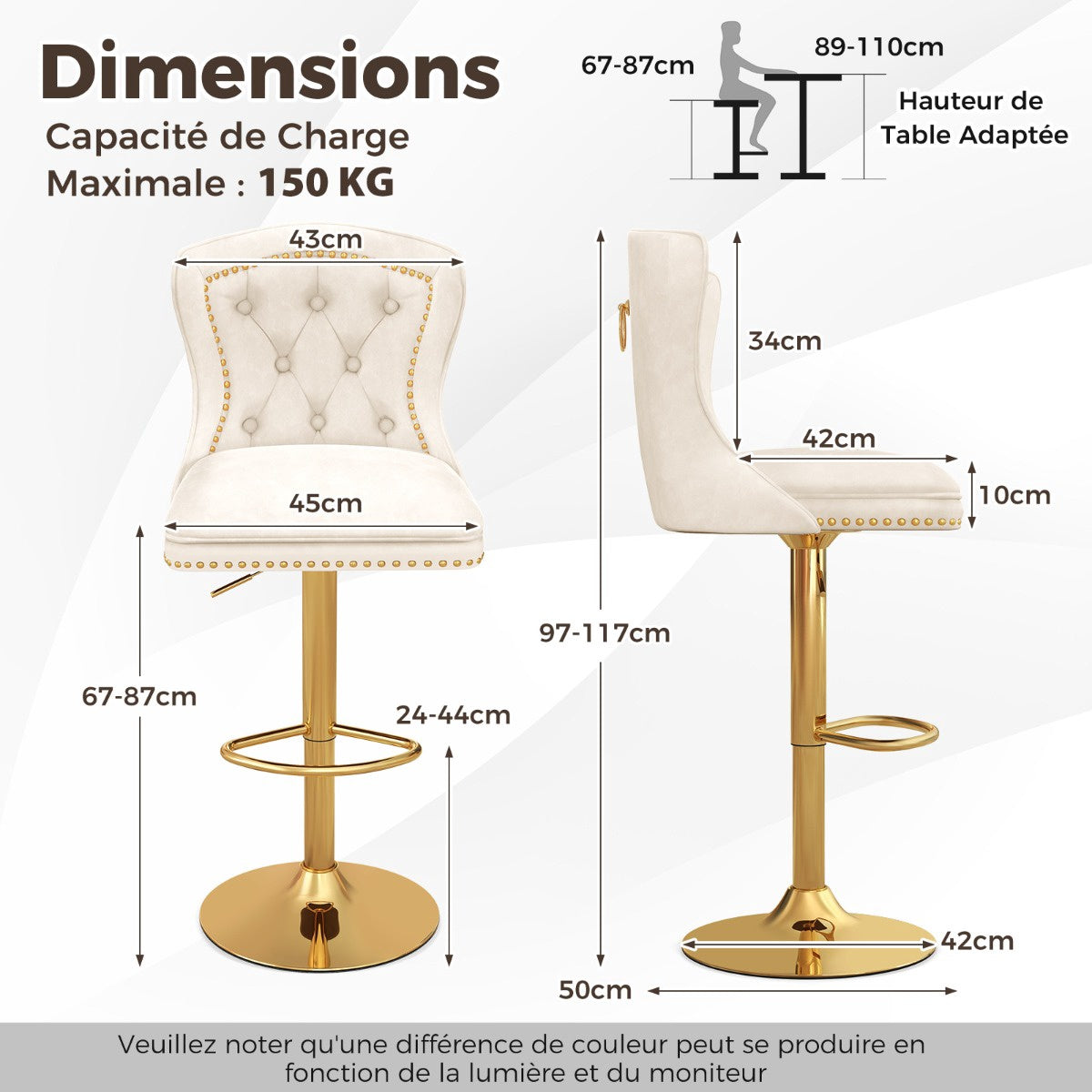 Bar Stools Set of 2, Swivel, Adjustable Height, Beige Velvet