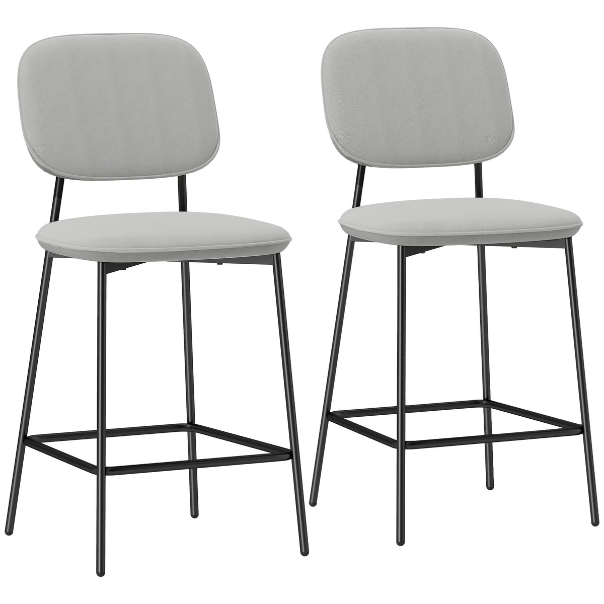 Bar Stools Set of 2, Velvet Upholstery, Steel Legs, Light Grey