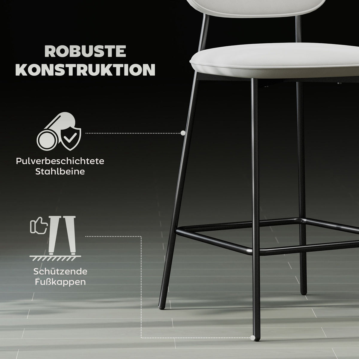 Bar Stools Set of 2, Velvet Upholstery, Steel Legs, Light Grey