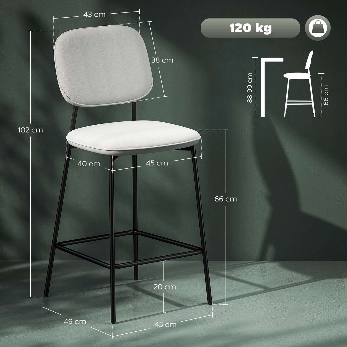 Bar Stools Set of 2, Velvet Upholstery, Steel Legs, Light Grey