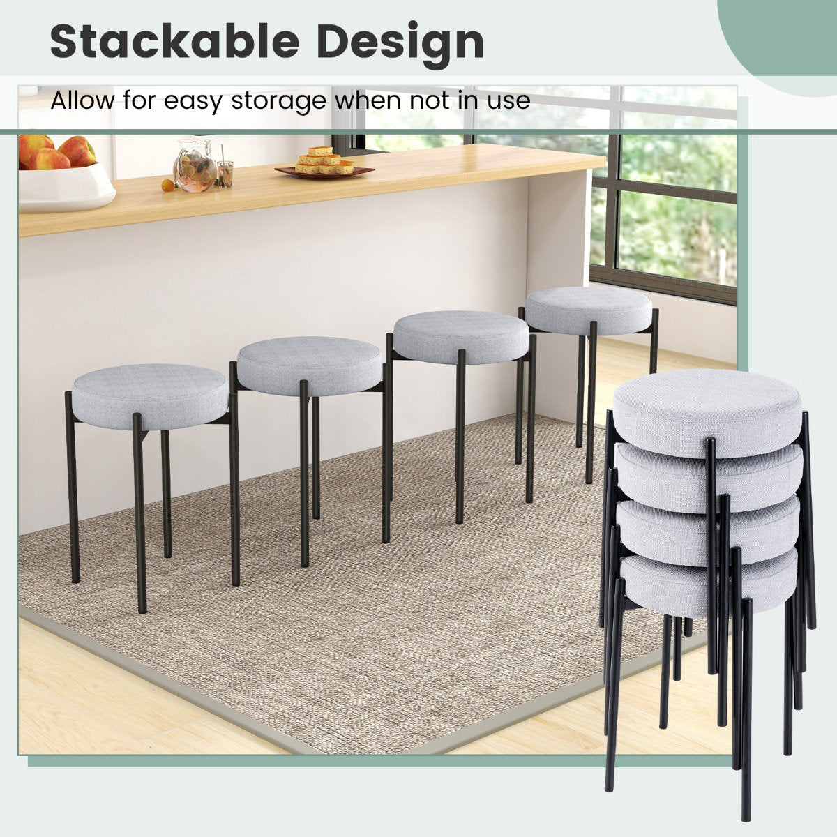 Bar Stools Set of 4, Padded Stackable, Metal Legs – Light Gray