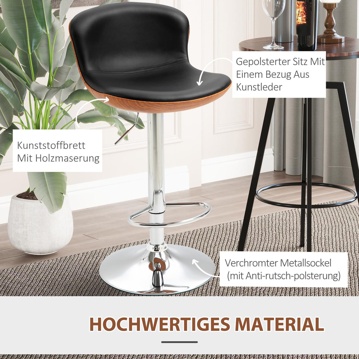 Bar Stools With Footrest, Bar Chair With Backrest, Bistro Stool, Dining Chair Height Adjustable Swivel Pu Black Set Of 2