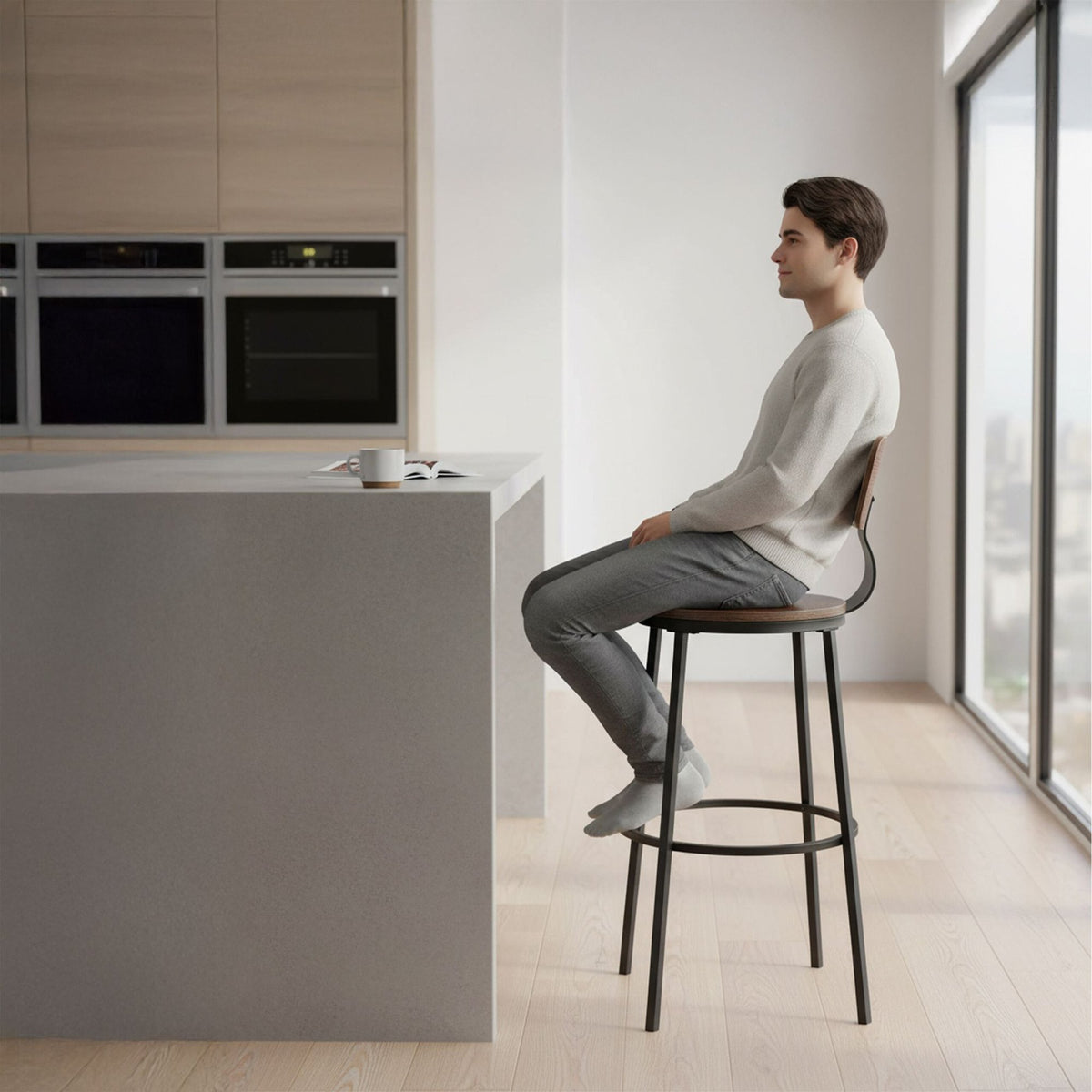 Bar Stools with Backrest, 2-Piece Set, Metal Frame