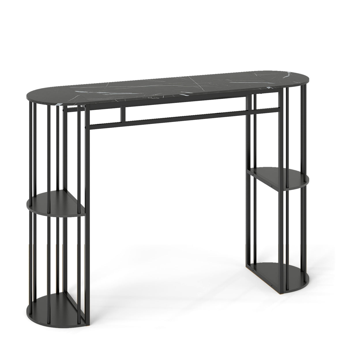 Bar Table 150cm Faux Marble, Black Metal Frame, Storage Shelves