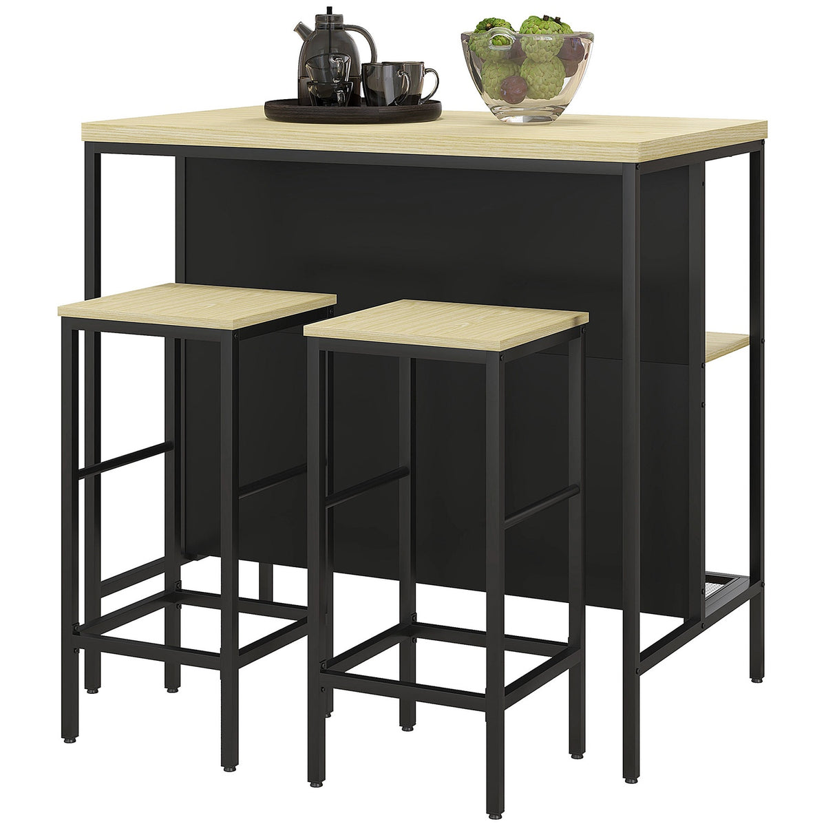 Bar Table Set 3 Pieces. Kitchen Table 2 Bar Stools 2 Shelves Dining Set Modern Steel Oak
